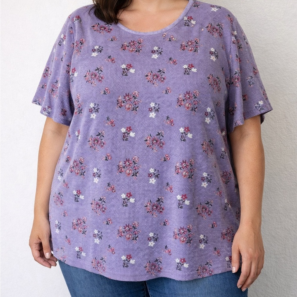 Woman Within Womens Purple Floral Short Sleeve Top Soft Casual Comfort
